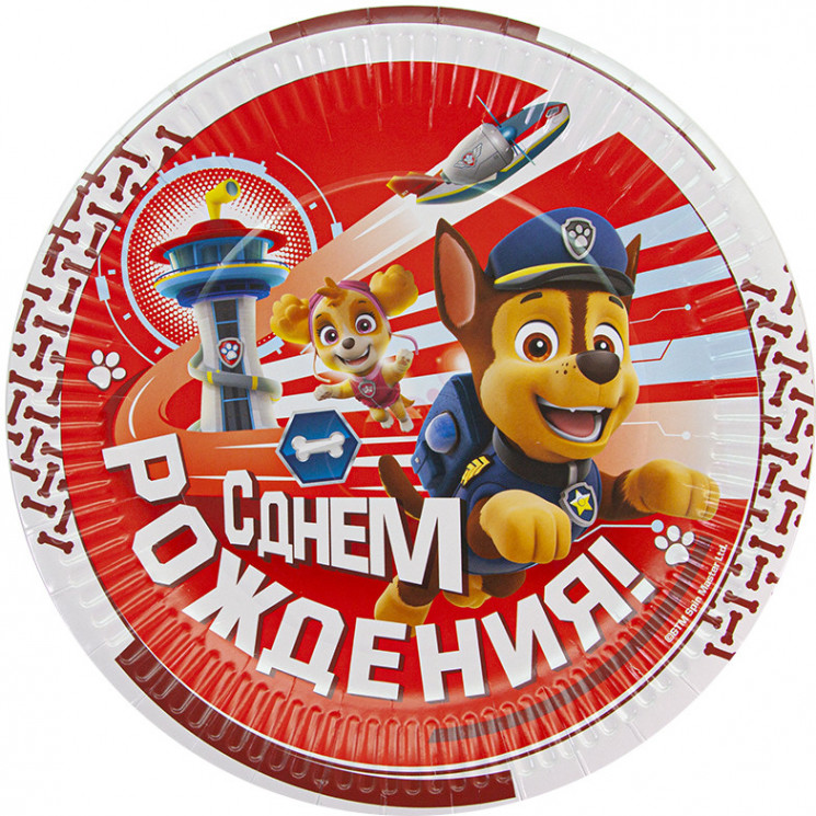 Тарелки (9''/23 см) Щенячий Патруль, С Днем Рождения!, Красный, 6 шт. - в магазине «ШарикClub»