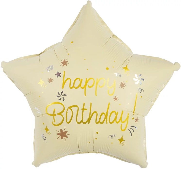 Шар (18''/46 см) Звезда, Happy Birthday (звездочки), Кремовый, Сатин - в магазине «ШарикClub»